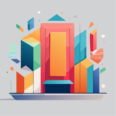 Fototapeta premium Abstract geometric composition of colorful architectural elements with a clean, modern aesthetic and a soft gray background, perfect for graphic design and digital art projects