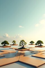AI Generative. Surreal Floating Bonsai Trees over Minimalist Platform. 2