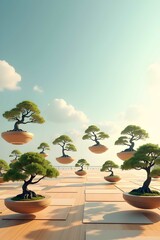 AI Generative. Surreal Floating Bonsai Trees over Minimalist Platform. 3