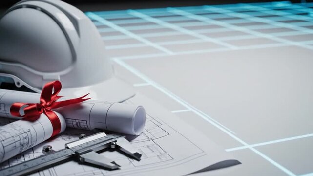 A construction helmet rests on blueprints with a ribbon, beside drafting tools and a grid background