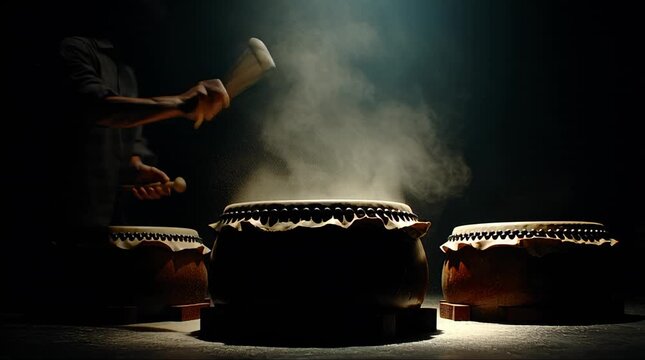 Dynamic Taiko Drum Performance with Dramatic Lighting and Smoke Effects.