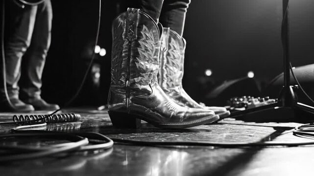 Country Music Western Boots on Stage with Cables in Black and White