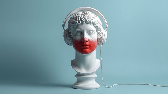 Classical marble bust wearing modern headphones with red paint on lips, surreal contemporary art concept blending music culture and ancient sculpture