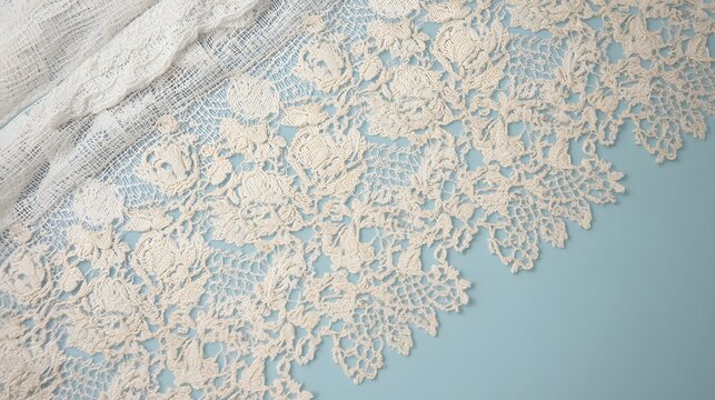 Delicate floral lace fabric sample with intricate embroidery and romantic texture showcased on soft pastel background for luxury fashion design