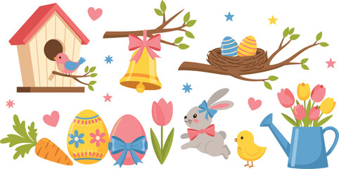 Obraz premium Cute Easter Spring Vector Illustration with Bunny, Decorated Eggs, Birdhouse, Flowers, Nest, Bell, and Seasonal Holiday Elements for Kids Designs