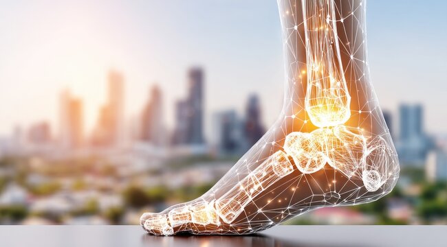 Human foot and ankle bones with glowing joints against a city skyline, representing health and technology.