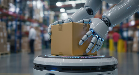 Robotic hands carefully handling a cardboard package inside a modern logistics facility