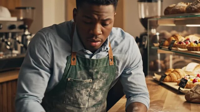 African American baker stressed in bakery with pastries on display warm lighting medium shot