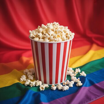 A striped paper bucket filled with fresh popcorn on a vibrant rainbow colored fabric symbolizing joy and celebration during pride month festivities and events.