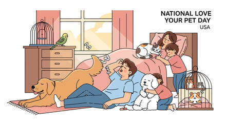 Illustration of a woman and a girl with pets on National Love Your Pet Day in a cozy bedroom with a warm atmosphere.