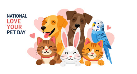 Illustration of a group of pets including a dog, cat, rabbit, and bird celebrating National Love Your Pet Day with a veterinarian or doctor in a sketch style.