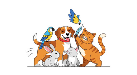 A colorful illustration of a dog, cat, rabbit, and parrot celebrating National Love Your Pet Day with a veterinarian in a joyful, hand-drawn sketch.