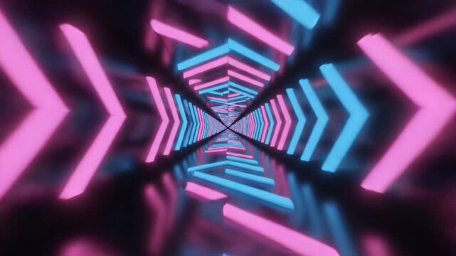 Neon-lit corridor with repeating pink and blue glowing arrow shapes, receding into distance