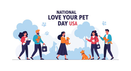 Illustration of people and their pets on National Love Your Pet Day in the USA with a colorful sketch style.