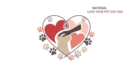 Illustration of a heart with a dog and cat for National Love Your Pet Day in the USA with a veterinarian theme