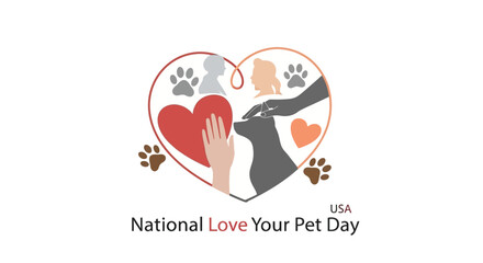 Illustration of a heart with a cat, dog and human hand for National Love Your Pet Day in the USA with a sketch style.