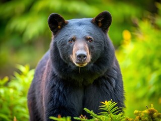 Fototapeta premium Black bear standing in a lush green forest looking directly at the camera