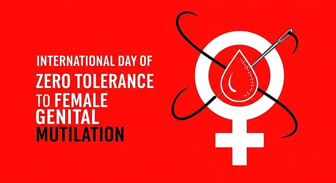 International Day of Zero Tolerance to Female Genital Mutilation awareness graphic featuring bold text and symbolic imagery on a vibrant red background promoting global health advocacy.