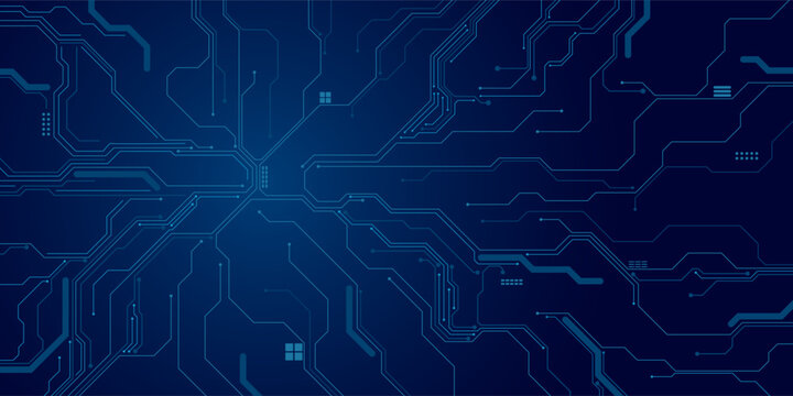 Abstract AI circuit board background. Technology connected blue lines with electronics elements on tech bg. Computer motherboard with a chip, processor, and semiconductor. Digital vector illustration
