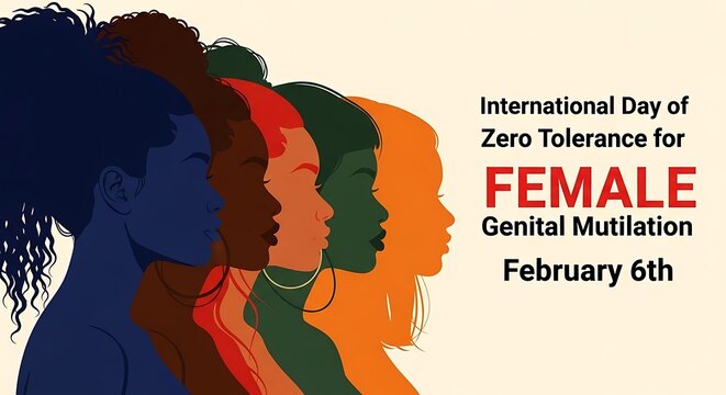 Illustration marking the International Day of Zero Tolerance for Female Genital Mutilation observed annually on February sixth promoting awareness and solidarity.