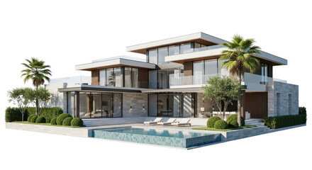 Fototapeta premium A modern, luxurious house with a pool and palm trees.