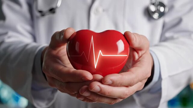 Doctor holding red heart with ecg line in hands, symbolizing healthcare and cardiology 4k video