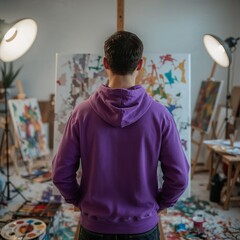 Creative Artist in Purple Hoodie Painting in Studio | Professional High Resolution  of Focused Male Artist Back View
