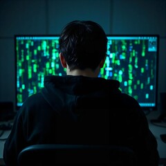 Professional Hacker Backview Cybersecurity Specialist in Hoodie Typing at Glowing Matrix Screen in Dark Room, High Res
