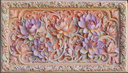 Intricate three dimensional floral relief panel displays carved lotus blossoms against a decorative background.