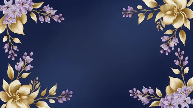 Stunning golden and lavender floral arrangement gracefully adorning a rich dark blue elegant backdrop