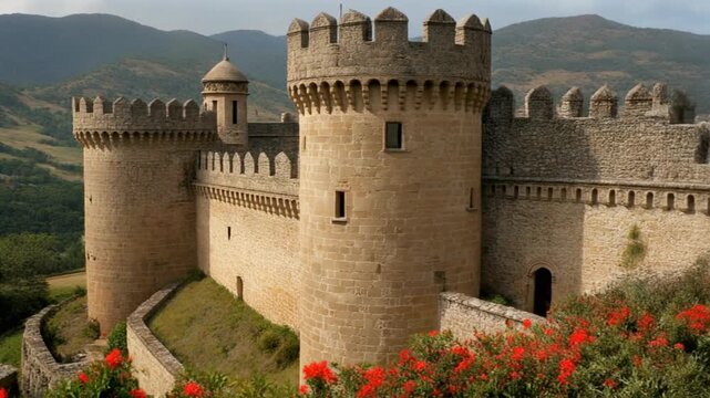 Magnificent Medieval Castle Overlooking Rolling Hills and Lush Green Landscape Scenery