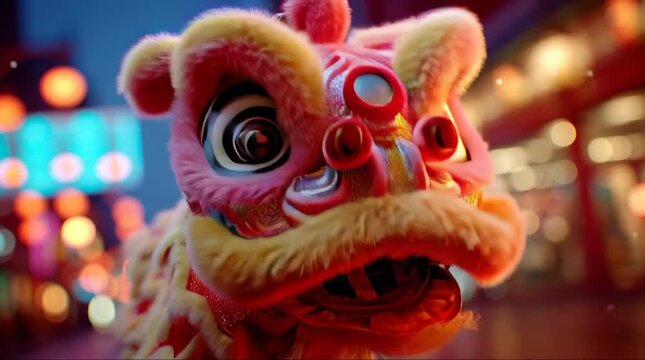 Vibrant Chinese Lion Dance Performance with Blurry Background.