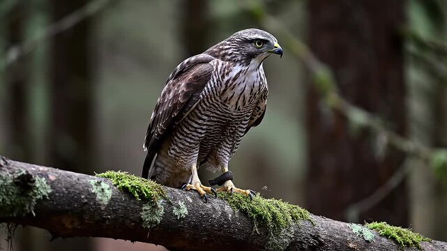 Northern Goshawk Perched on Mossy Branch in Woodland Setting Sequence Video