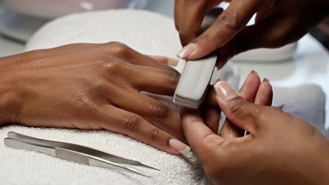 Closeup of a skilled manicurist cutting a persons fingernails with nail clippers in a salon 4k video