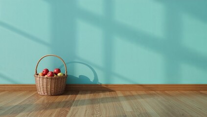 Vibrant Turquoise Wall Background with Wicker Apple Basket on Wooden Floor, High Resolution Commercial  for Marketing, Food, and Decor