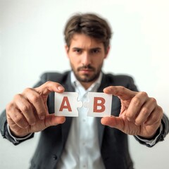 Data Driven Marketing Focused Man Connects A/B Test Puzzle Pieces for Strategic Product Optimization and Business Growth