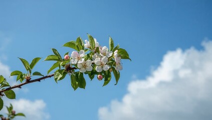 Blossoming Apple Branch with Pink   White Flowers Against Blue Sky, High Resolution Spring Nature  for Commercial Use