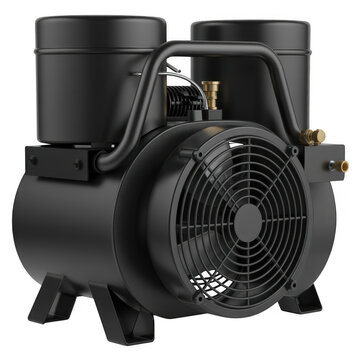 Black air compressor with two tanks industrial equipment isolated on a transparent background