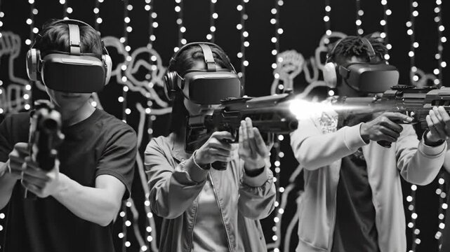 Friends immersed in virtual reality gaming, holding controllers and experiencing an interactive adventure together