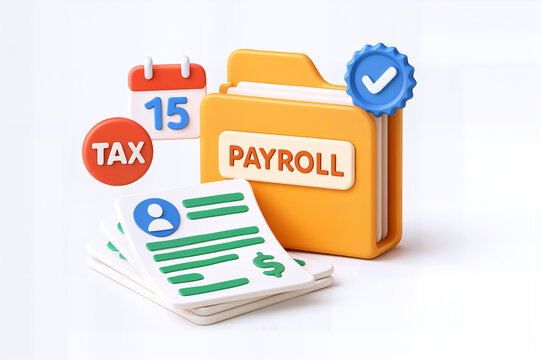 Colorful payroll folder, tax calendar, and payslips displayed in a minimalist style, symbolizing finance.
