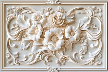 Ornate bas-relief panel features intricate three dimensional floral carvings in a light tone