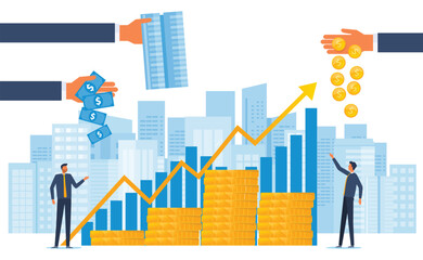 flat vector design concept business real estate investment. property investment. with Real estate investors team working planning and analysis financial graph for invest
