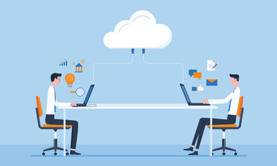 flat vector illustration design technology cloud computing server concept. business team working and device connected to cloud server. People work in collaboration.
