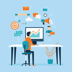 flat vector  design online marketing concept. business marketing team working on computer monitor graph information