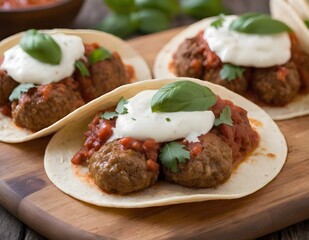 italian meatball tacos with cheese on a rustic wooden board
