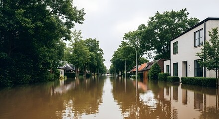 Flooded Street with Houses and Trees after Heavy Rain in Urban Area