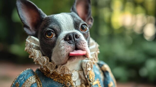A dog wearing a blue dress costume, sitting happily with its tongue out, showcasing a playful and festive spirit.