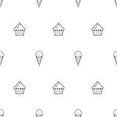 seamless pattern with black outline ice cream cone and cup cake
