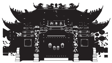 Obraz premium Silhouetted Traditional Chinese Gate and Paifang Archway with Ornate Rooflines in Historic Monumental Setting.