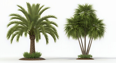 Fototapeta premium Two Green Palm Trees with Fronds and Trunks on a Plain Background tropical